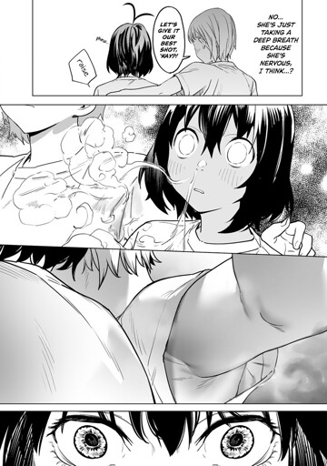 A manga page from "Kaguhara-san Fetish Notebook" depicting a blonde, taller tomboy-ish girl and a smaller, dark haired female "friend" hanging together; the blonde has her arm around the other girl's shoulders, and she takes a deep sniff of her sweaty aroma, going into nearly a trance over how enjoyable it is to her 