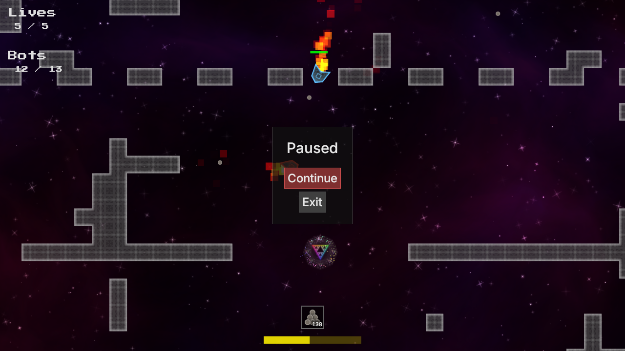 A paused game with a UI showing the text "Paused" and two buttons labelled "Continue" and "Exit".