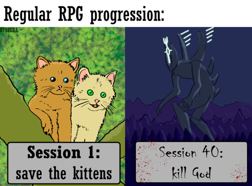 Regular RPG progression:

[drawing of cats]
Session 1: save the kittens

[drawing of a godlike creature]
Session 40: kill god