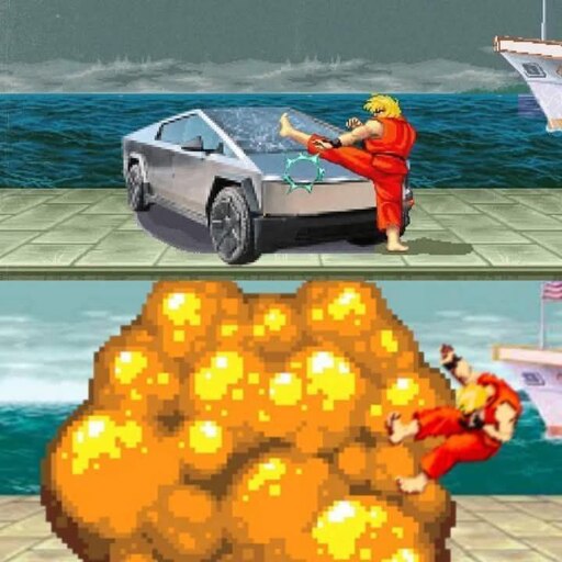 A stylized 16-bit image of Ken from Street Fighter kicking a Tesla Cybertruck. It ends badly: it explodes right after.