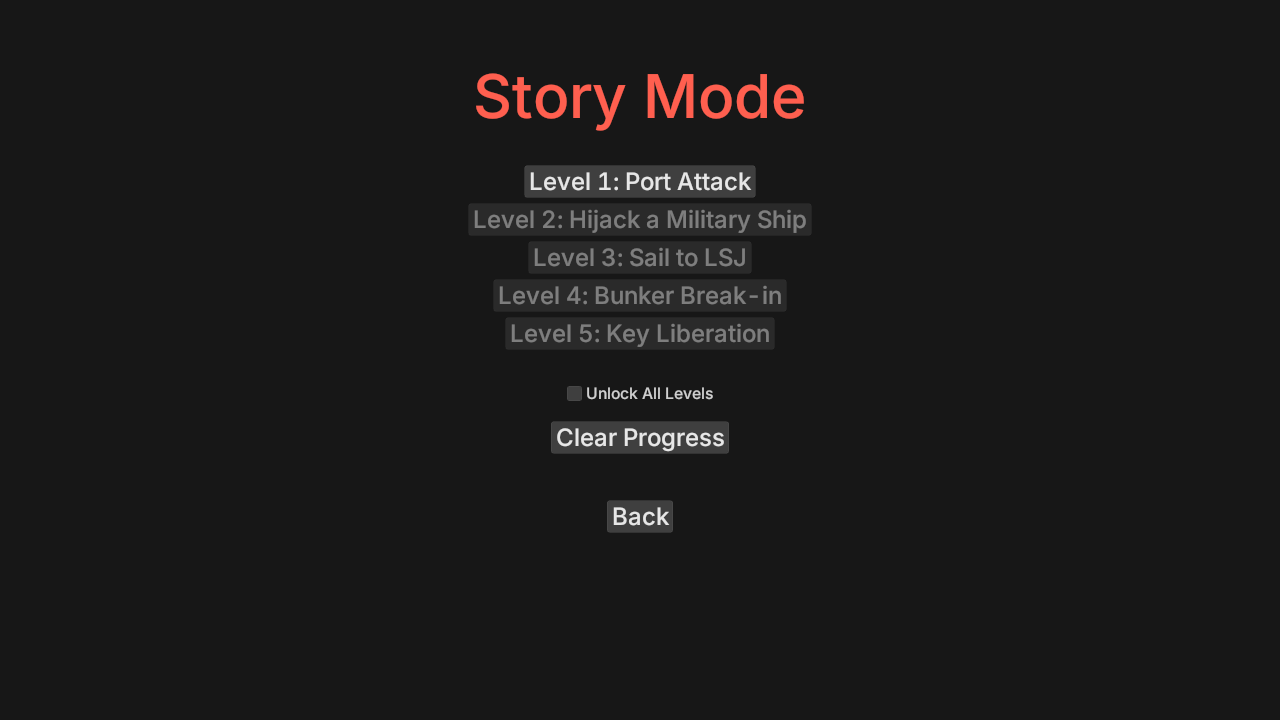 GUI that includes five buttons, one for each level. Each of these buttons are labelled with the names of each level, which are "Port Attack", "Hijack a Military Ship", "Sail to LSJ", "Bunker Break-in" and "Key Liberation".