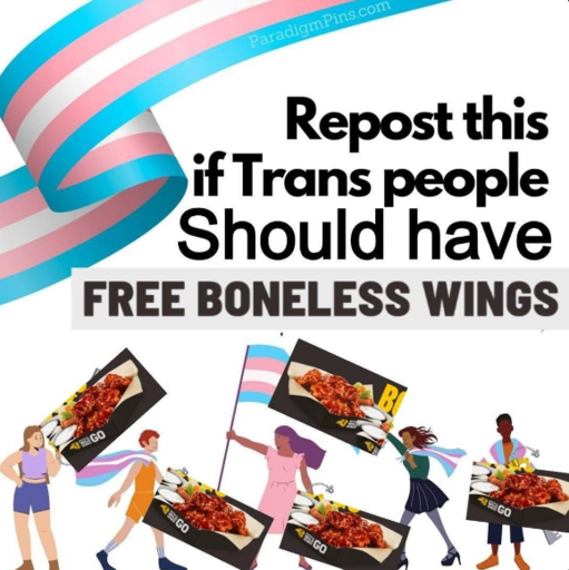5 people, all carrying the trans flag (blue, pink, white, pink, blue) the image of boneless wings is next of all of them. (I honestly cant explain this its so crazy)