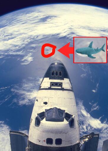 A photo taken from the Soviet Union Mir space station, with a zoomed in section revealing a Blåhaj plushie